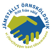 Tecknad illustration: Grön hand möter blå hand i ett handslag samt text "Ett jämställt Örnsköldsvik fritt från våld".