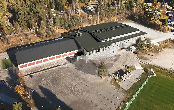 Fotomontage med fågelvy över en idrottshall i rött med svart tak och till höger en illustration över en ny ljus stor hall-liknande byggnad. 