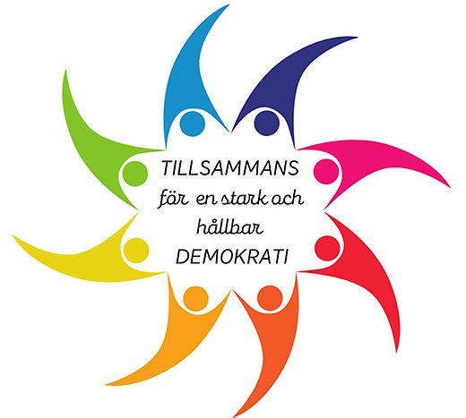 Flerfärgad blomma med texten "Tillsammans för en stark och hållbar demokrati"