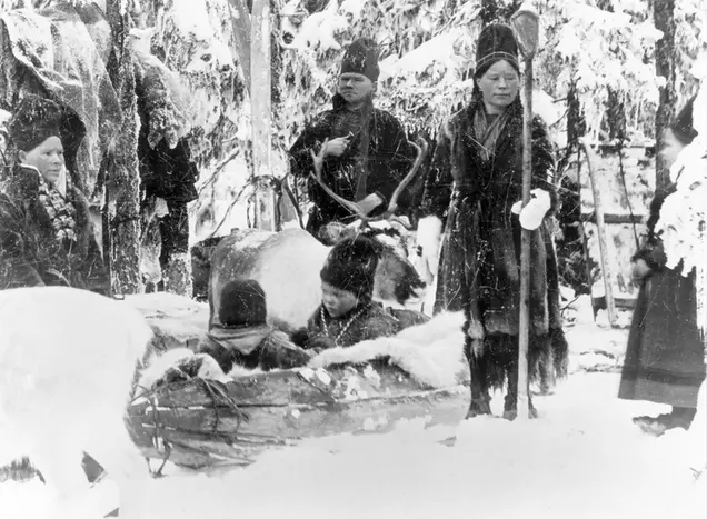 Två kvinnor och en man står i en snöig skog, bredvid sitter två barn i en kälke och ett barn står bredvid. en ren syns vid mannen. Svartvitt foto.