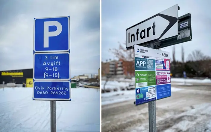 Bildmontage med två bilder bredvid varandra, en föreställer en blå parkeringsskylt och en flera skyltar med parkeringsinformation. 
