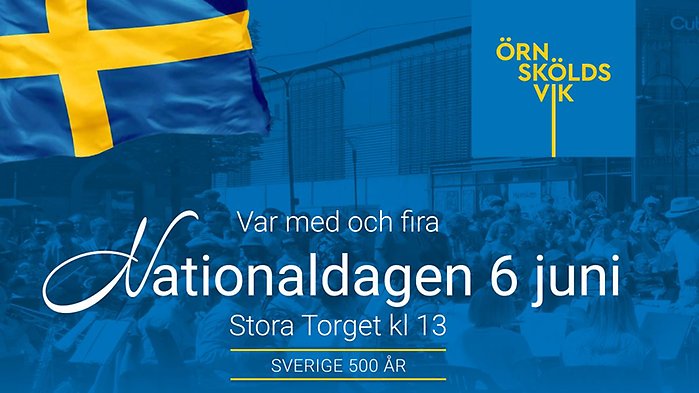 Fotomontage med svenska flaggan och en del text. Blå och gul ton. 